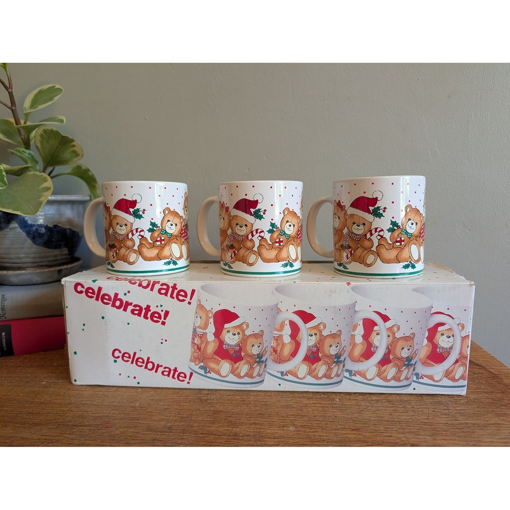 Vintage Holiday Teddy Bear Mug Set of 3 Plus Poinsettia Mug Japan Stoneware
